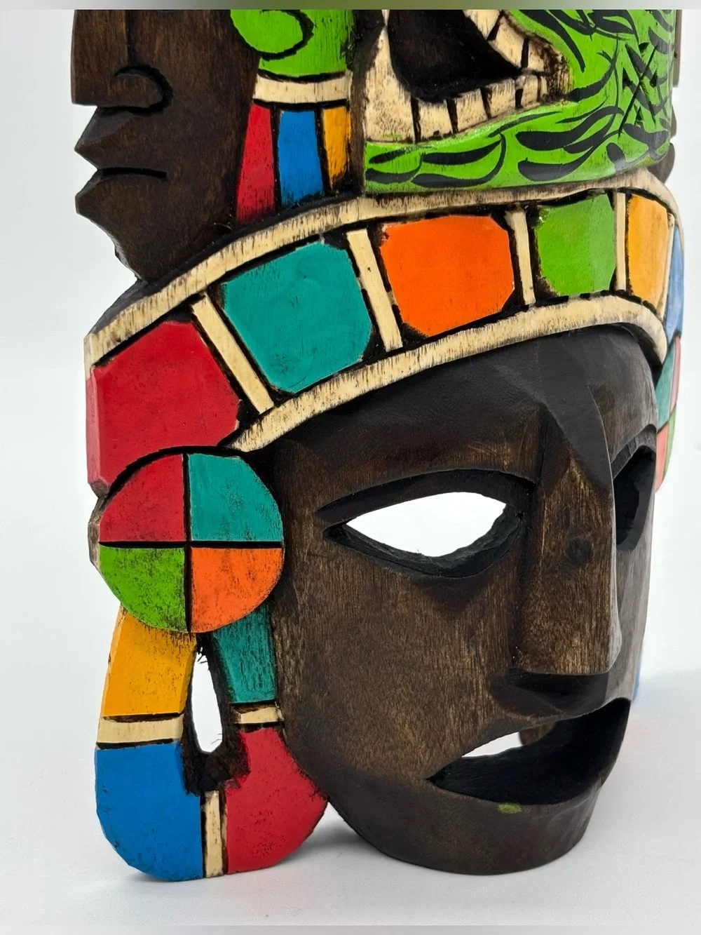 Hand Carved Wooden Mexican Mayan Face Mask Painted 3D Folk Art Wall Hanging Deco